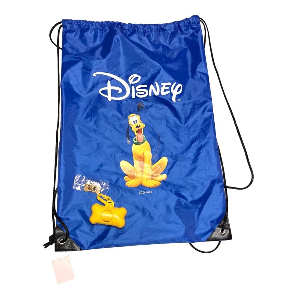 Disney Pluto Blue Drawstring Bag Yellow Bone Poop Bag Holder Gold Dog Tag Charm